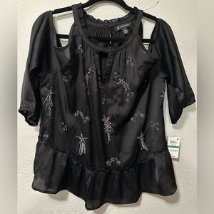 INC International Concepts Black Open Shoulder Beaded Embellished Blouse Top